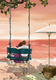 two people are sitting on a swing by the beach and looking out at the water