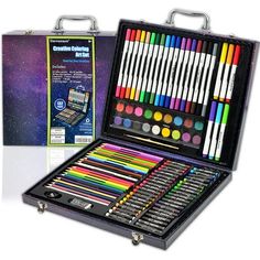 an open case with many different colored crayons in it