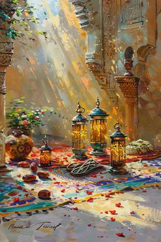 an oil painting of lanterns and confetti on a table