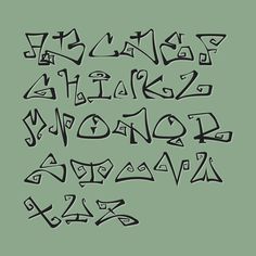 the letters are drawn in black ink on a green background, with different shapes and sizes