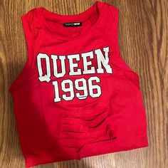 Size: Womens Size Small Brand / Description: Fashion Nova // Red // Distressed // Queen 1996 // Sleeveless // Crew Neck // 95% Polyester, 5% Spandex Condition: New With Tags Casual Sleeveless Crop Top With Letter Print, 90s Style Spring Tank Top With Letter Print, 90s Style Letter Print Tank Top For Spring, 90s Style Tank Top With Letter Print For Spring, Casual Red Tank Top With Letter Print, Red Y2k Crop Top For Summer, Y2k Red Crop Top For Summer, Red Cotton Tank Top With Letter Print, Red Letter Print Tank Top For Spring