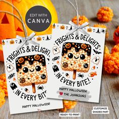 Halloween-themed printable gift tags with a cute rice krispie treat pop featuring ghosts, bats, and pumpkins. The tags say Frights & Delights in Every Bite! Perfect for adding to rice krispie treats, sized 2.5 x 3.5 inches, laid out 8 per sheet. Includes a printable PDF and a link to an editable Canva template. Rice Krispie Pops, Printable Halloween Tags, Monthly Celebration, No Carve Pumpkin Decorating, Cute And Creepy, Editable Gift Tags, Boo Basket