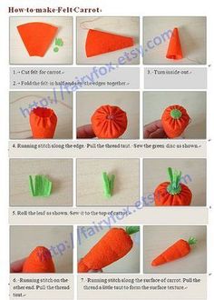 instructions for how to make a carrot out of felt with pictures on the front and side