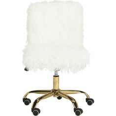 an office chair with wheels and a white fur seat cover on top of it's casteors