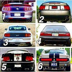 the rear end of a car with four different tail lights and numbers on each side