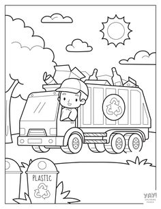 Recycling truck driver collects bottles to take to the recycling center. Trash Truck Coloring Page, Recycle Activities For Preschool, Recycle Coloring Pages, Garbage Truck Craft, Recycling Coloring Pages, Garbage Truck Coloring Page, Truck Coloring Pages Free Printable, Trucks Coloring Pages, Book Favors