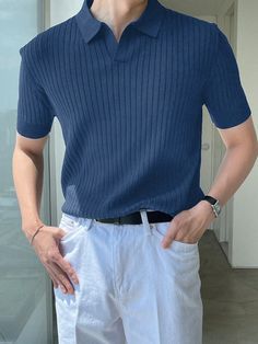 Men's Summer Solid Color Knitted Simple Short-Sleeved Top Blue Casual  Short Sleeve Fabric Plain  Slight Stretch  Men Clothing, size features are:Bust: ,Length: ,Sleeve Length: Bro Birthday, Mens College Fashion, Money Shirt, Boyfriend Outfit, Polo Outfit, Color Combinations For Clothes, Navy Blue Shirts, Blue Trousers