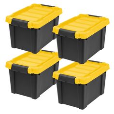 four black and yellow storage containers with lids