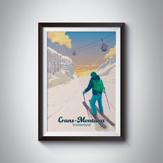 a framed poster of a skier going down a mountain with the ski lift in the background