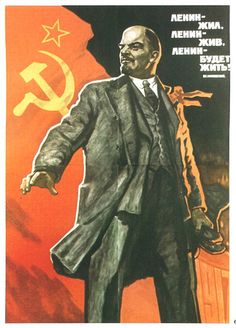 an old propaganda poster with a man in a suit and tie standing next to a hammer