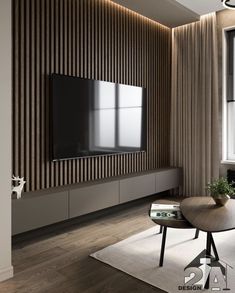 a modern living room with wood paneling on the wall and large television mounted to the wall