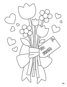 valentine's day bouquet coloring page with hearts and flowers in the background, for kids to color