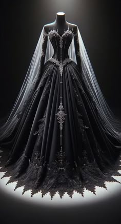 Black Wedding Gowns Classy, Black Royal Gown, Tim Burton Wedding Dress, Gothic Style Wedding Dress, Black Long Sleeve Wedding Dress, Pink And Black Wedding Dress, Black Fantasy Gown