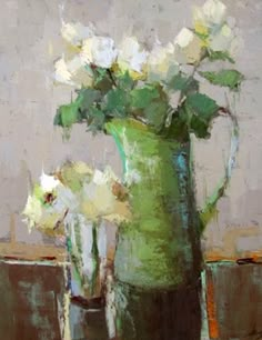 a painting of white flowers in a green vase