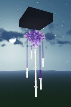 an animated image of a purple object floating in the air with clouds and stars behind it