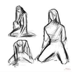 three sketches of women sitting on the ground, one with her legs crossed and one without