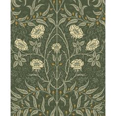 an art nouveau wallpaper with flowers and leaves in green, beige and yellow colors