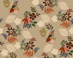 a floral pattern with leaves and flowers on a brown background