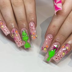 Christmas Press on Nails Long Square Fake Nails Cute Green Monster False Nails with Designs Full Cover Glossy Nude Pink Xmas Stick on Nails Holiday Acrylic Coffin Shape Nails for Women DIY Nails 24Pcs Nails Long Square, Press On Nails Long, Nails Cute, Cute Christmas Nails, Green Monster, Festival Nails, Nails Long