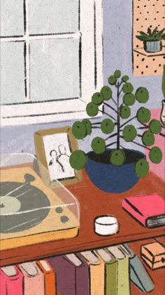 a painting of a desk with books and a potted plant on top of it