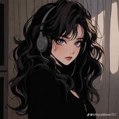 an anime character with headphones on her ears and long black hair, staring at the camera