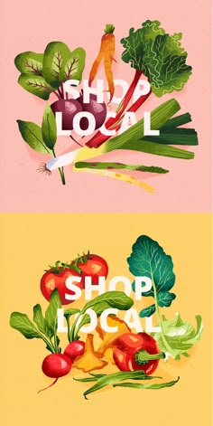 two different types of vegetables with the words shop local on top and bottom, in white letters