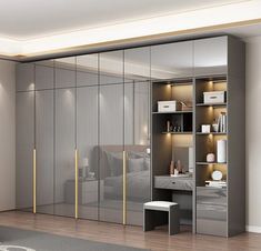 a bedroom with mirrored closet doors and white furniture in it's center, next to a bed