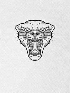 a black and white drawing of a tiger's head