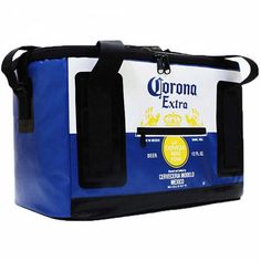 the corona extra cooler bag is blue and white