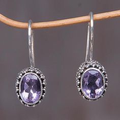 Amethyst drop earrings, 'Purple Spell' - Sterling Silver Amethyst Drop Earrings Purple Drop Earrings, Purple Amethyst Earrings, Classy Earrings, Ribbon Jewelry, Sterling Silver Drop Earrings, Printed Jewelry, Sterling Silver Filigree, Coin Jewelry, Amethyst Earrings