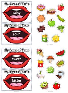 some stickers with different types of food on them and the words in each one