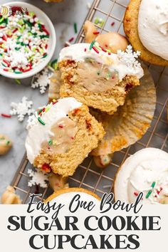 easy one bowl sugar cookie cupcakes with white frosting and sprinkles