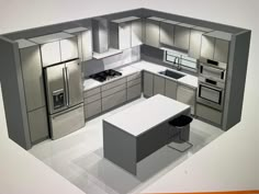 a rendering of a kitchen with stainless steel appliances and white counter tops, including an island