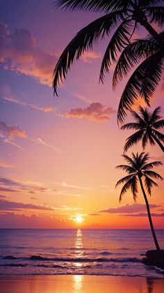 the sun is setting over the ocean with two palm trees in front of it,