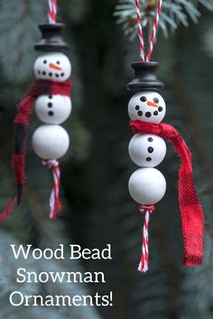 three snowman ornaments hanging from a christmas tree with the words wood bead snowman ornaments