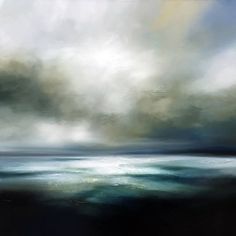 an abstract painting of dark clouds over the ocean