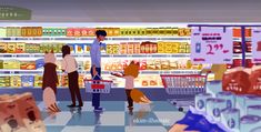 people shopping in a grocery store filled with food