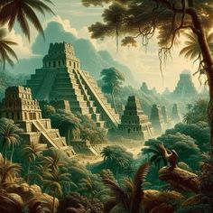 a painting of an ancient city in the jungle