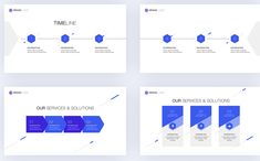 four different presentation slides with blue and white shapes