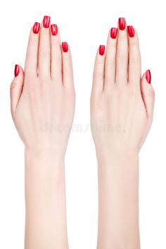 two hands with red nail polish on white background