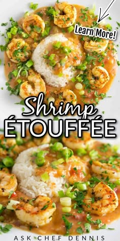 shrimp etouffee with white rice and green onions on the side is shown