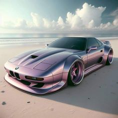 a purple car parked on top of a sandy beach next to the ocean with clouds in the background