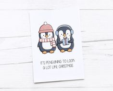 two penguins wearing hats and scarfs are standing next to each other on a white background