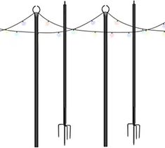 four poles with lights hanging from them and one pole has two forks attached to it