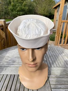 "Stunning item stencilled name-numbers-white/cream colour -  Size label 7  21\"1/4\"inner circumference  Completely original  Some marks .... See pics Some discolouring see pics" Us Navy Sailor, Cup Hat, Navy Sailor, Twelfth Night, Cream Colour, Bucket Hats, Size Label, Us Navy, White Cream