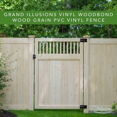 an image of a wooden fence with the words grand illusion vinyl wood and grain pvc vinyl fence