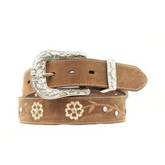 Women's Flower Embroidered Rhinestone Belt By Ariat - A1510202 Crystal Concho AccentsEmbroidered Scrolling Flowers with Crystals1.5'' Wide Distressed Brown Leather BeltRemovable Decorative BuckleCowtown Cowboy Outfitters is a family-owned and operated business that has been proudly supplying the very best in western wear since 1958. We aren't big, we aren't corporate, we are a small town business and we care about our customers. Give us the opportunity to serve you & become part of our family! Western Belts For Women, Ariat Belts, Boys Cowboy Boots, Girl Cowboy Boots, Flower Belt, Feminine Elegance, Western Buckles, Embroidered Belt, Brown Flower