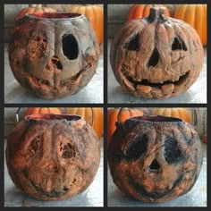 four pictures of pumpkins with holes in them and one has a face on it