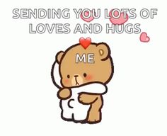 a teddy bear holding a pillow with the words sending you lots of love and hugs