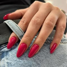 Ruby Pink Nails, Solid Color Summer Nails 2024, Vibrant Fall Nails, Magenta Red Nails, Dark Pink Nails Almond, Dark Fuschia Nails, Dark Pink Acrylics, Magenta Almond Nails, Nails Acrylic Long Almond